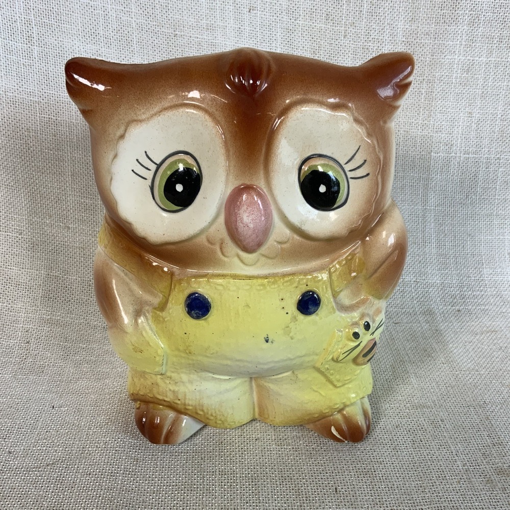 Vintage Owl In Overalls Planter Anthropomorphic Kitschy 5 3/8" Retro MCM Japan